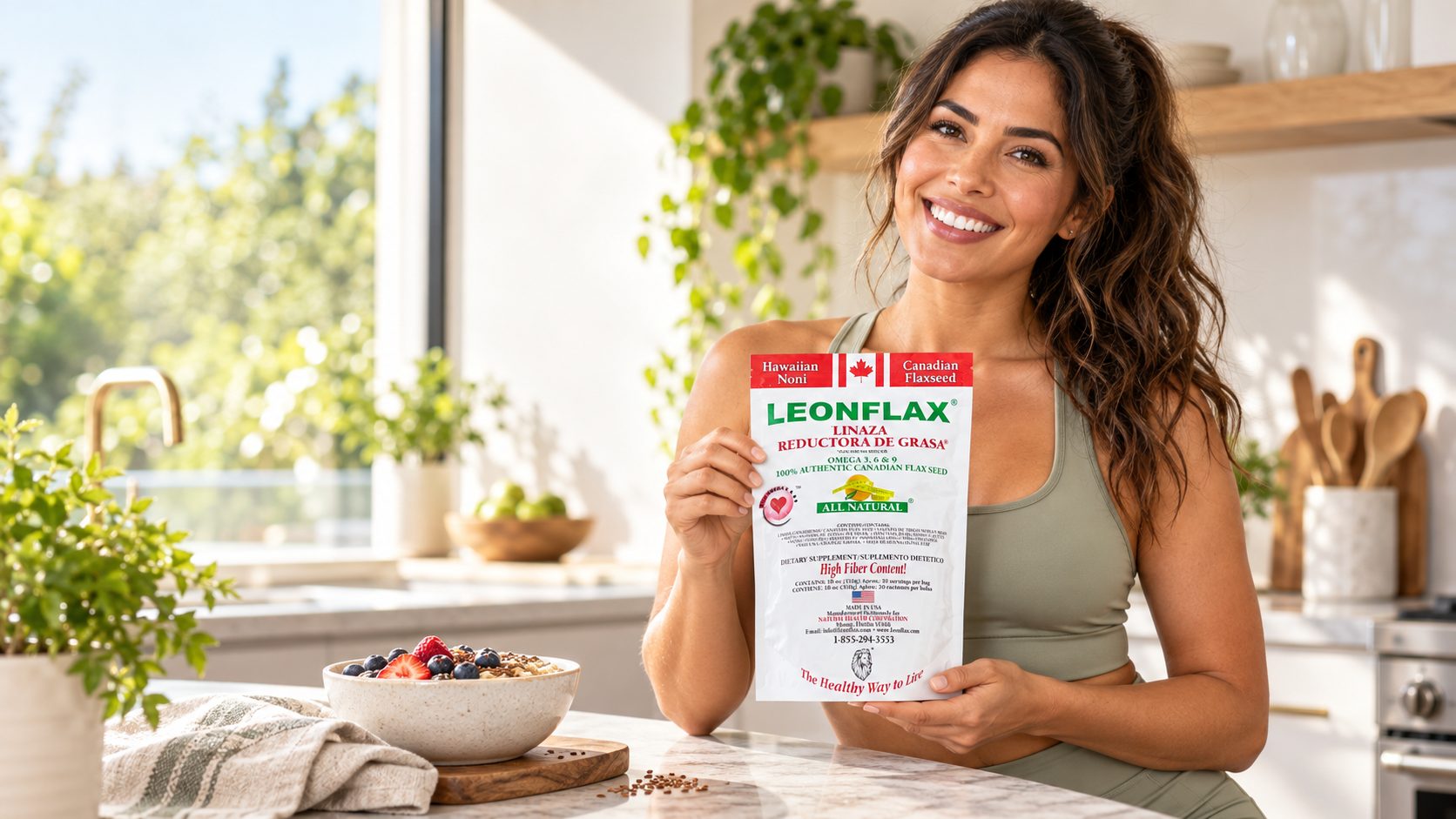 Mujer sonriente en su cocina sosteniendo una bolsa de Leonflax